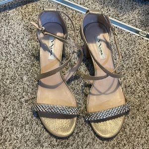 Gold rhinestone Nina block heels 	NORA REFLECTIVE SUEDETTE-TAUPE size 10